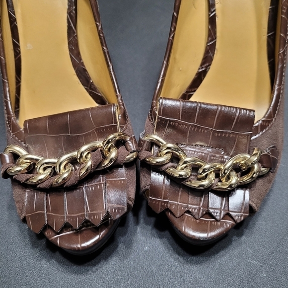 Nine West Brown Suede Leather Peep Toe Chunky Chain Chain Fringe Detail Pumps 7 - Picture 5 of 12